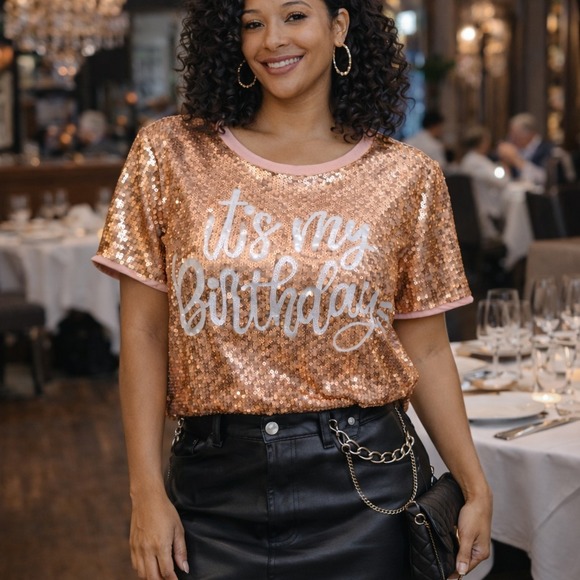 Why Dress Tops - WHY Its My‎ Birthday Champagne Sequin Party Top Blouse Large NWT Glam Chic